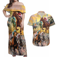 Kentucky Horses Racing Watercolor Couples Matching Off Shoulder Maxi Dress and Hawaiian Shirt - Wonder Print Shop