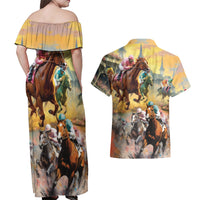 Kentucky Horses Racing Watercolor Couples Matching Off Shoulder Maxi Dress and Hawaiian Shirt - Wonder Print Shop