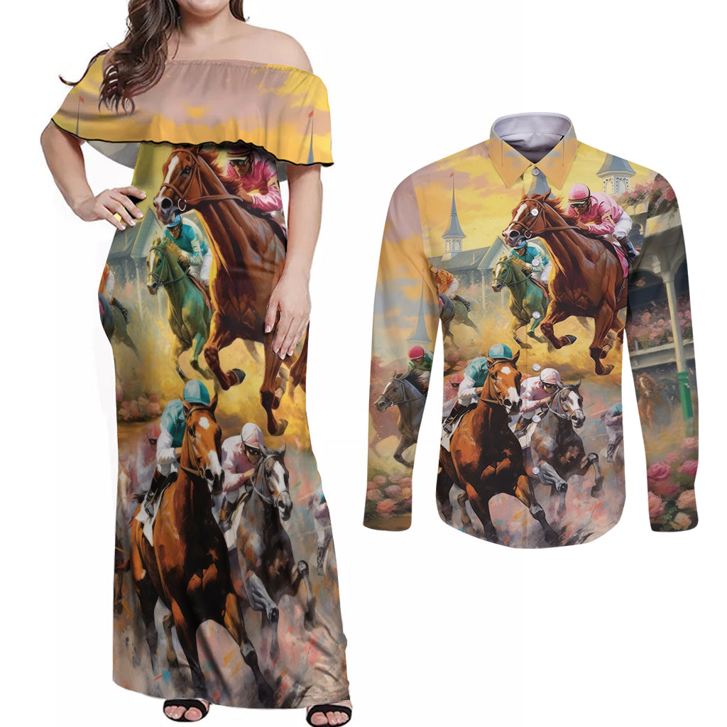 Kentucky Horses Racing Watercolor Couples Matching Off Shoulder Maxi Dress and Long Sleeve Button Shirt - Wonder Print Shop