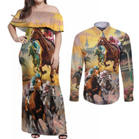Kentucky Horses Racing Watercolor Couples Matching Off Shoulder Maxi Dress and Long Sleeve Button Shirt - Wonder Print Shop