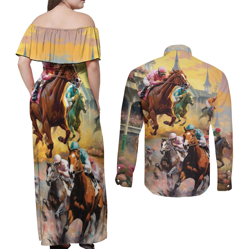 Kentucky Horses Racing Watercolor Couples Matching Off Shoulder Maxi Dress and Long Sleeve Button Shirt - Wonder Print Shop
