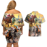 Kentucky Horses Racing Watercolor Couples Matching Off Shoulder Short Dress and Hawaiian Shirt - Wonder Print Shop