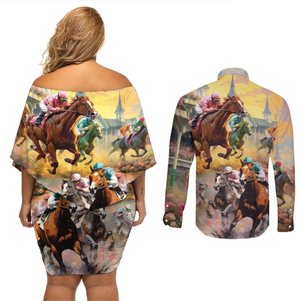 Kentucky Horses Racing Watercolor Couples Matching Off Shoulder Short Dress and Long Sleeve Button Shirt - Wonder Print Shop