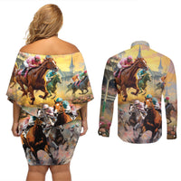 Kentucky Horses Racing Watercolor Couples Matching Off Shoulder Short Dress and Long Sleeve Button Shirt - Wonder Print Shop