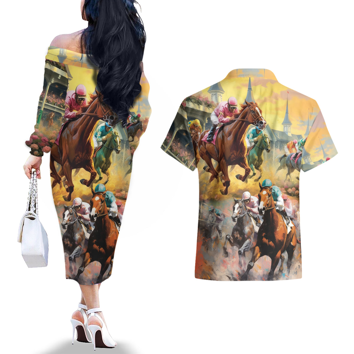 Kentucky Horses Racing Watercolor Couples Matching Off The Shoulder Long Sleeve Dress and Hawaiian Shirt - Wonder Print Shop