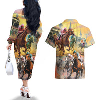 Kentucky Horses Racing Watercolor Couples Matching Off The Shoulder Long Sleeve Dress and Hawaiian Shirt - Wonder Print Shop