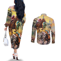 Kentucky Horses Racing Watercolor Couples Matching Off The Shoulder Long Sleeve Dress and Long Sleeve Button Shirt