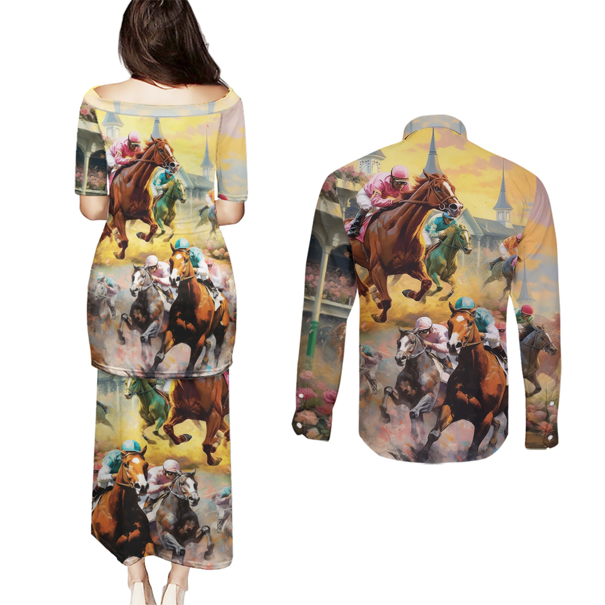 Kentucky Horses Racing Watercolor Couples Matching Puletasi and Long Sleeve Button Shirt - Wonder Print Shop
