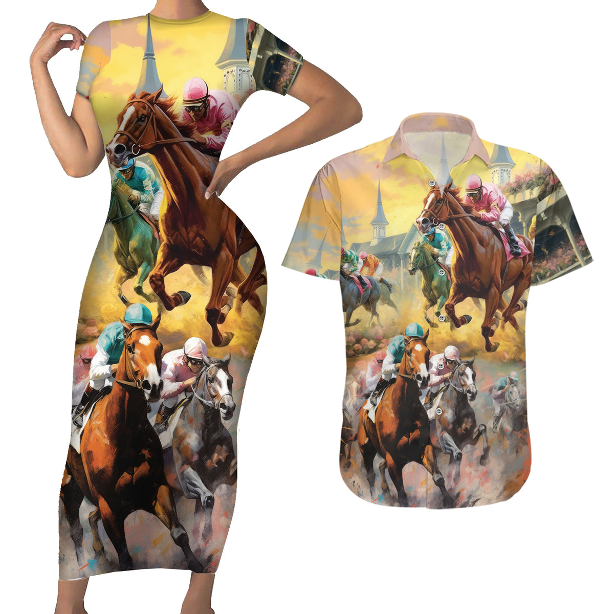 Kentucky Horses Racing Watercolor Couples Matching Short Sleeve Bodycon Dress and Hawaiian Shirt - Wonder Print Shop