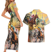 Kentucky Horses Racing Watercolor Couples Matching Short Sleeve Bodycon Dress and Hawaiian Shirt - Wonder Print Shop