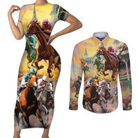 Kentucky Horses Racing Watercolor Couples Matching Short Sleeve Bodycon Dress and Long Sleeve Button Shirt - Wonder Print Shop