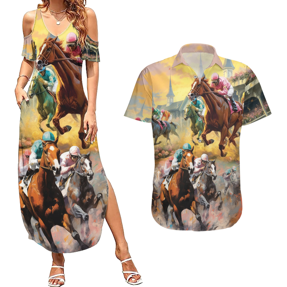 Kentucky Horses Racing Watercolor Couples Matching Summer Maxi Dress and Hawaiian Shirt - Wonder Print Shop