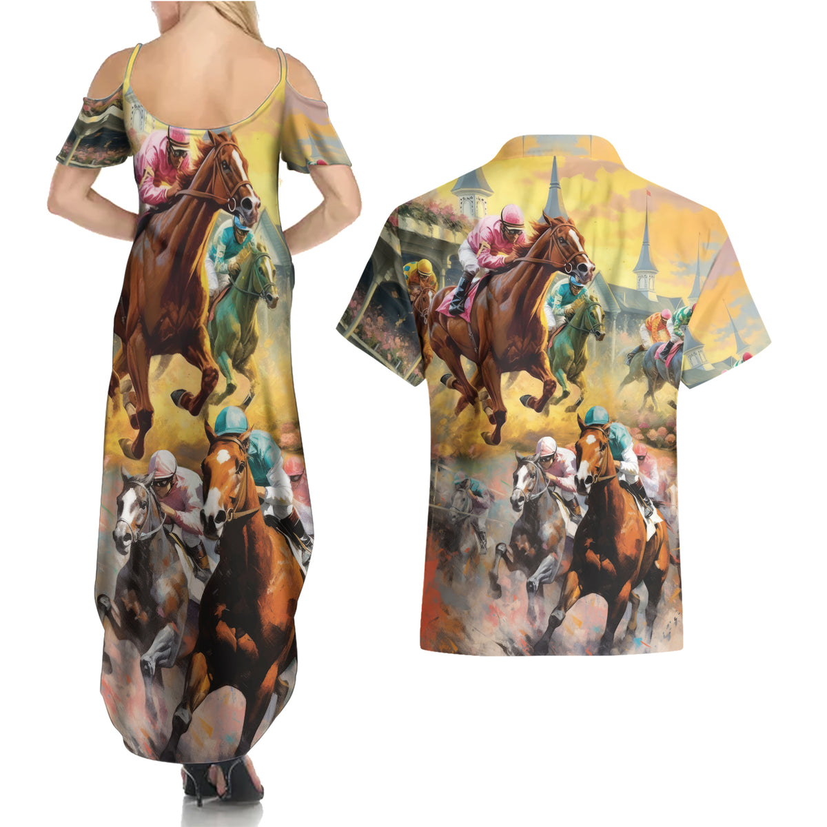 Kentucky Horses Racing Watercolor Couples Matching Summer Maxi Dress and Hawaiian Shirt - Wonder Print Shop