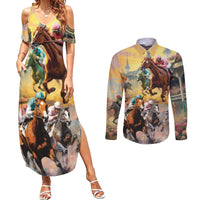 Kentucky Horses Racing Watercolor Couples Matching Summer Maxi Dress and Long Sleeve Button Shirt - Wonder Print Shop