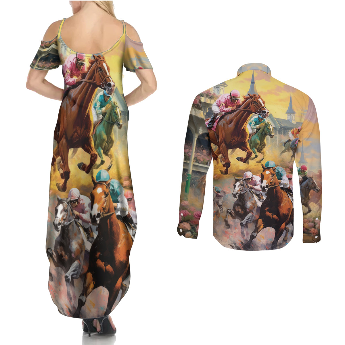Kentucky Horses Racing Watercolor Couples Matching Summer Maxi Dress and Long Sleeve Button Shirt - Wonder Print Shop