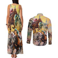 Kentucky Horses Racing Watercolor Couples Matching Tank Maxi Dress and Long Sleeve Button Shirt - Wonder Print Shop