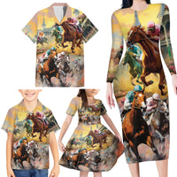 Kentucky Horses Racing Watercolor Family Matching Long Sleeve Bodycon Dress and Hawaiian Shirt - Wonder Print Shop