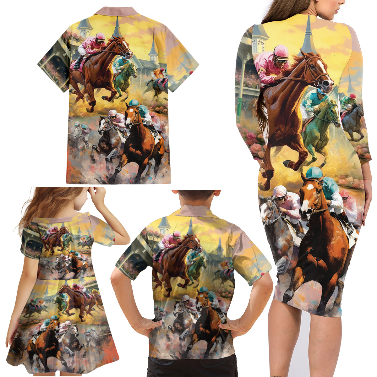 Kentucky Horses Racing Watercolor Family Matching Long Sleeve Bodycon Dress and Hawaiian Shirt - Wonder Print Shop