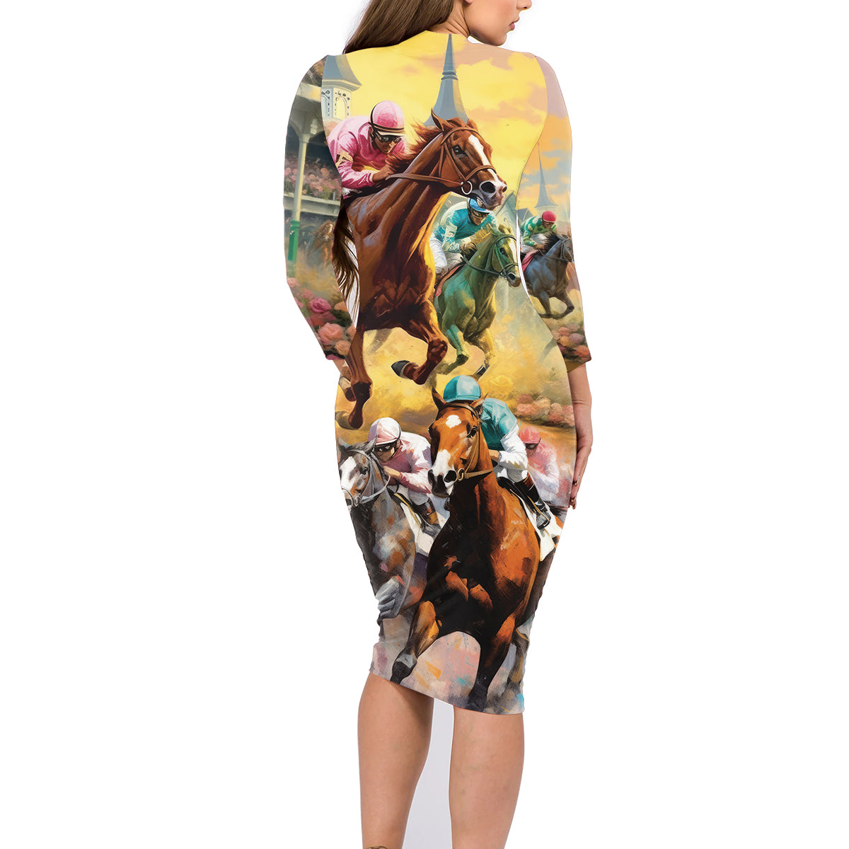 Kentucky Horses Racing Watercolor Family Matching Long Sleeve Bodycon Dress and Hawaiian Shirt - Wonder Print Shop