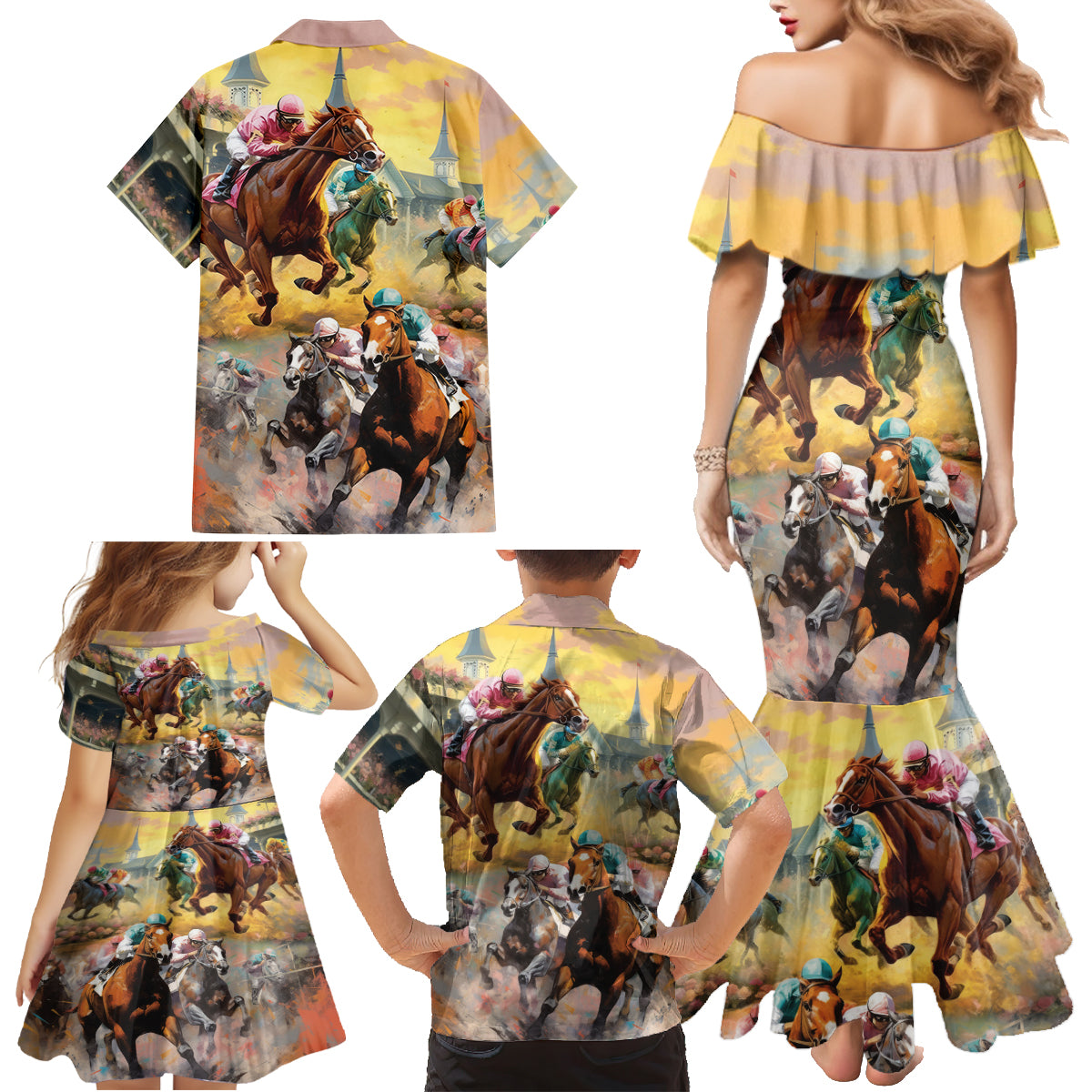 Kentucky Horses Racing Watercolor Family Matching Mermaid Dress and Hawaiian Shirt - Wonder Print Shop