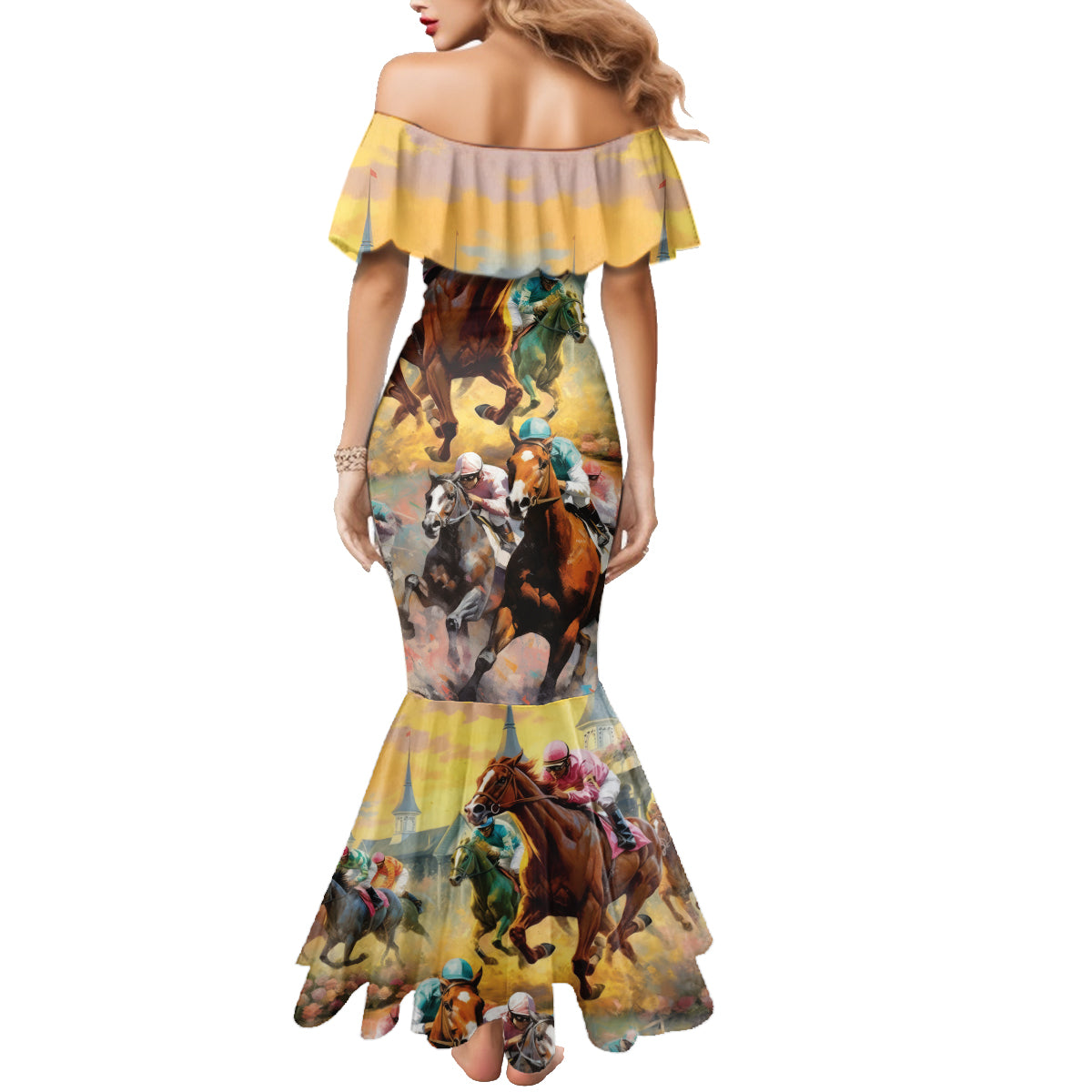 Kentucky Horses Racing Watercolor Family Matching Mermaid Dress and Hawaiian Shirt - Wonder Print Shop