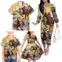 Kentucky Horses Racing Watercolor Family Matching Off The Shoulder Long Sleeve Dress and Hawaiian Shirt - Wonder Print Shop