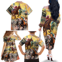 Kentucky Horses Racing Watercolor Family Matching Off The Shoulder Long Sleeve Dress and Hawaiian Shirt - Wonder Print Shop