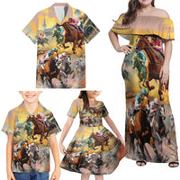 Kentucky Horses Racing Watercolor Family Matching Off Shoulder Maxi Dress and Hawaiian Shirt - Wonder Print Shop