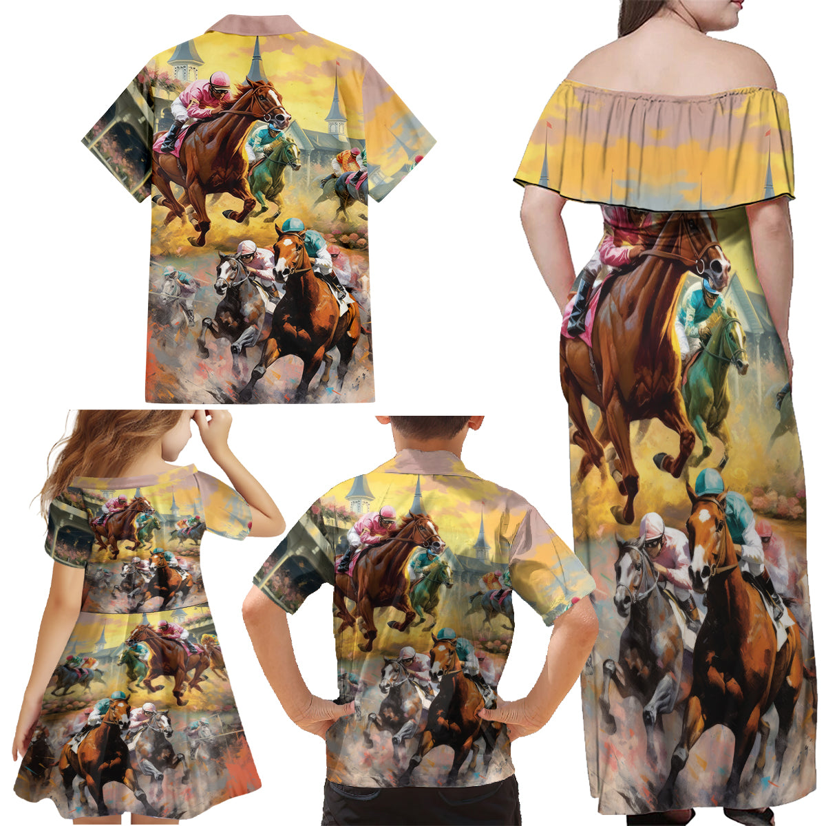 Kentucky Horses Racing Watercolor Family Matching Off Shoulder Maxi Dress and Hawaiian Shirt - Wonder Print Shop