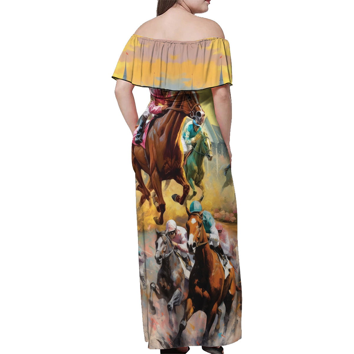 Kentucky Horses Racing Watercolor Family Matching Off Shoulder Maxi Dress and Hawaiian Shirt - Wonder Print Shop