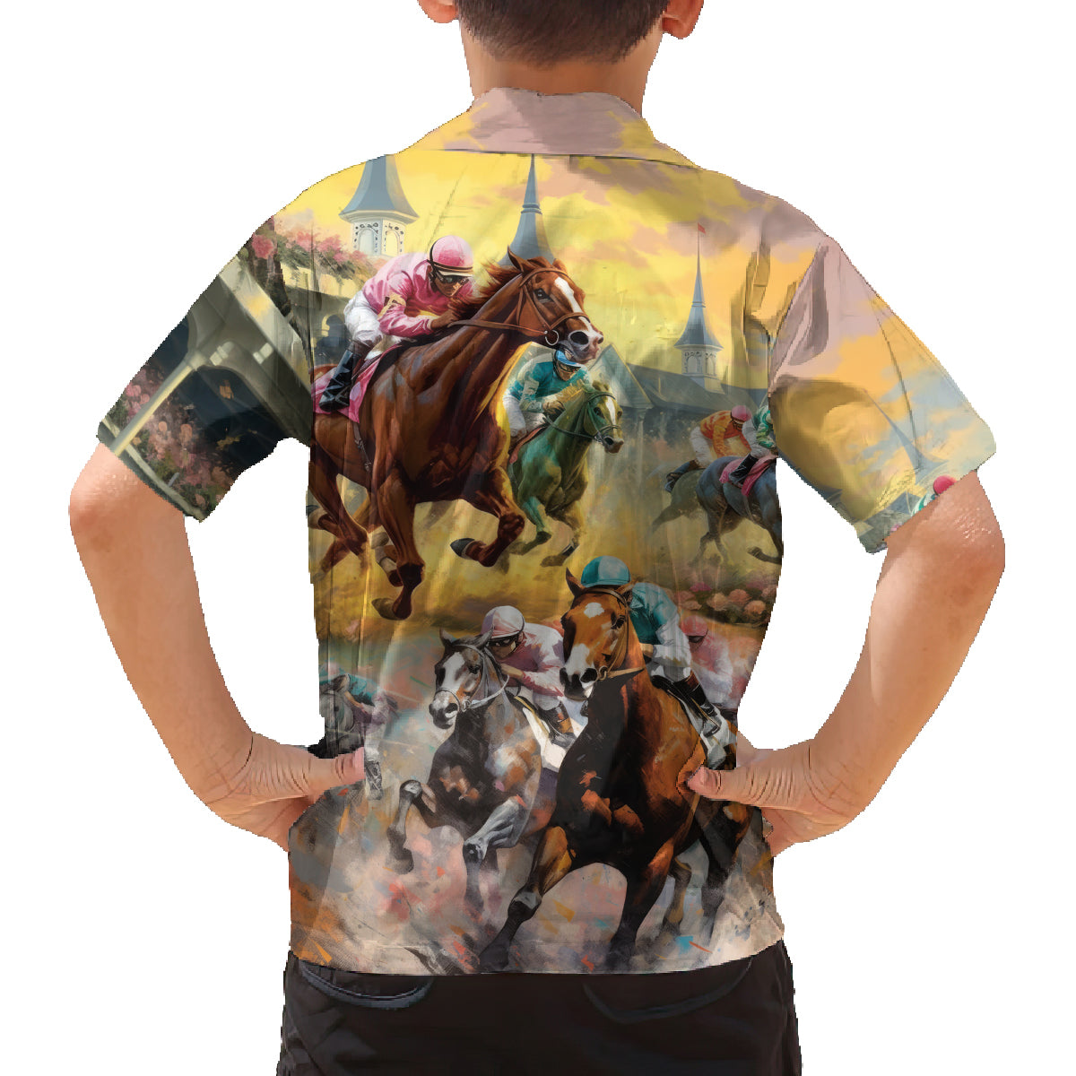 Kentucky Horses Racing Watercolor Family Matching Off Shoulder Short Dress and Hawaiian Shirt - Wonder Print Shop