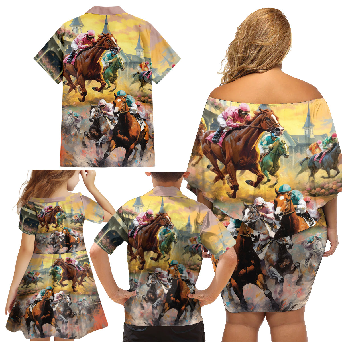 Kentucky Horses Racing Watercolor Family Matching Off Shoulder Short Dress and Hawaiian Shirt - Wonder Print Shop