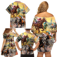 Kentucky Horses Racing Watercolor Family Matching Off Shoulder Short Dress and Hawaiian Shirt - Wonder Print Shop