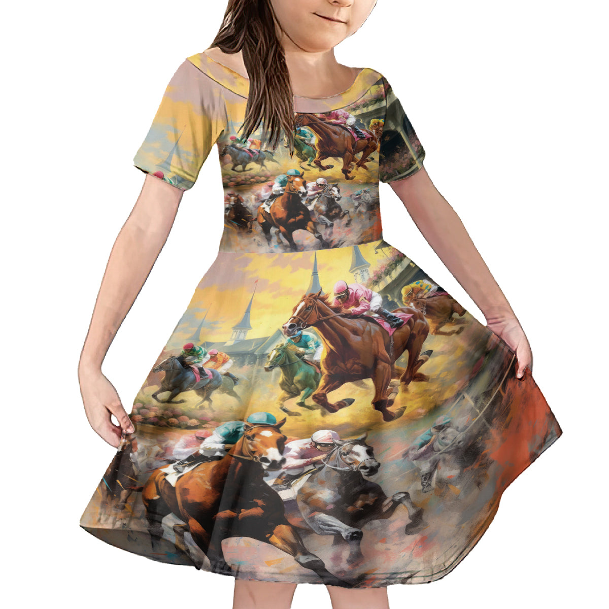 Kentucky Horses Racing Watercolor Kid Short Sleeve Dress - Wonder Print Shop