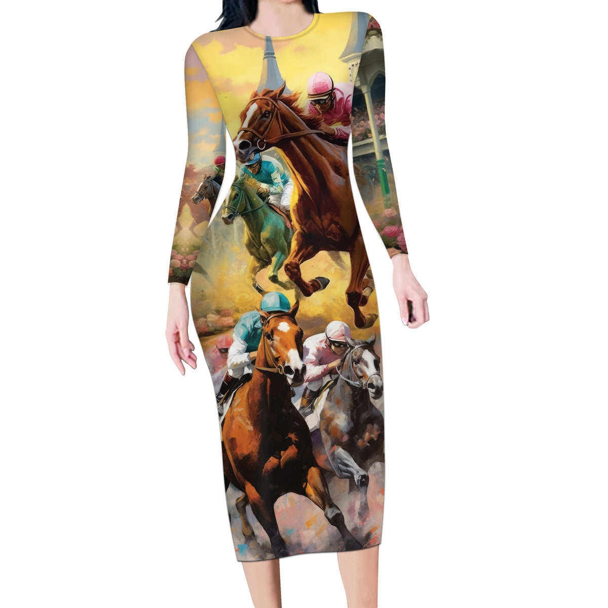 Kentucky Horses Racing Watercolor Long Sleeve Bodycon Dress - Wonder Print Shop