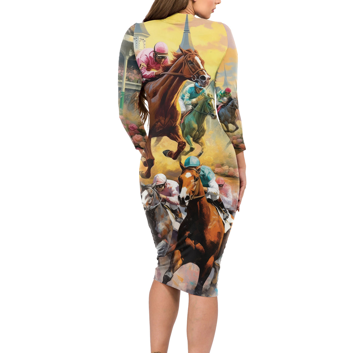 Kentucky Horses Racing Watercolor Long Sleeve Bodycon Dress - Wonder Print Shop