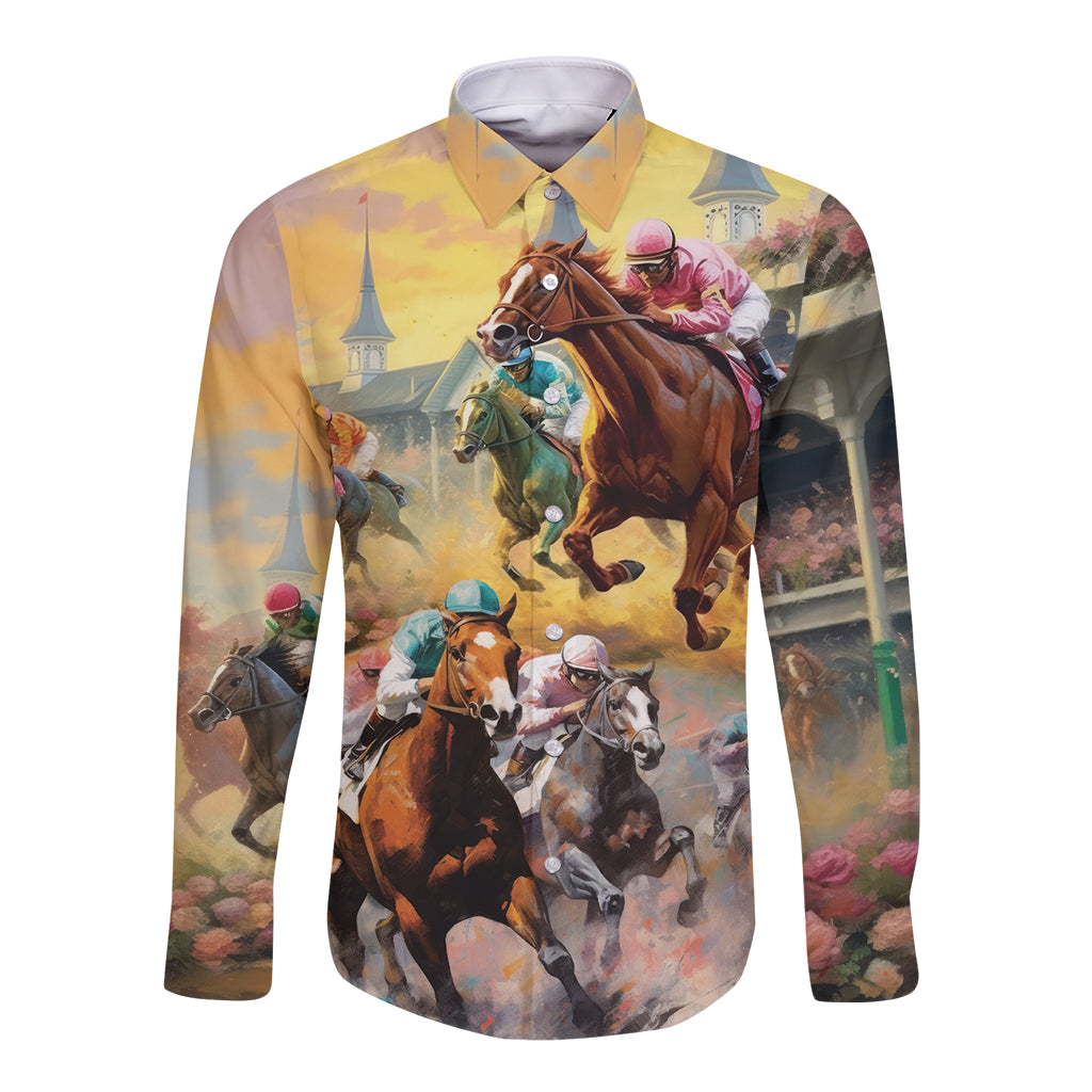 Kentucky Horses Racing Watercolor Long Sleeve Button Shirt - Wonder Print Shop