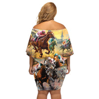 Kentucky Horses Racing Watercolor Off Shoulder Short Dress - Wonder Print Shop