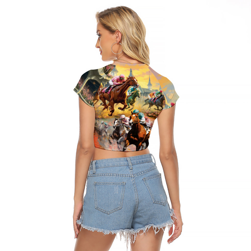 Kentucky Horses Racing Watercolor Raglan Cropped T Shirt - Wonder Print Shop