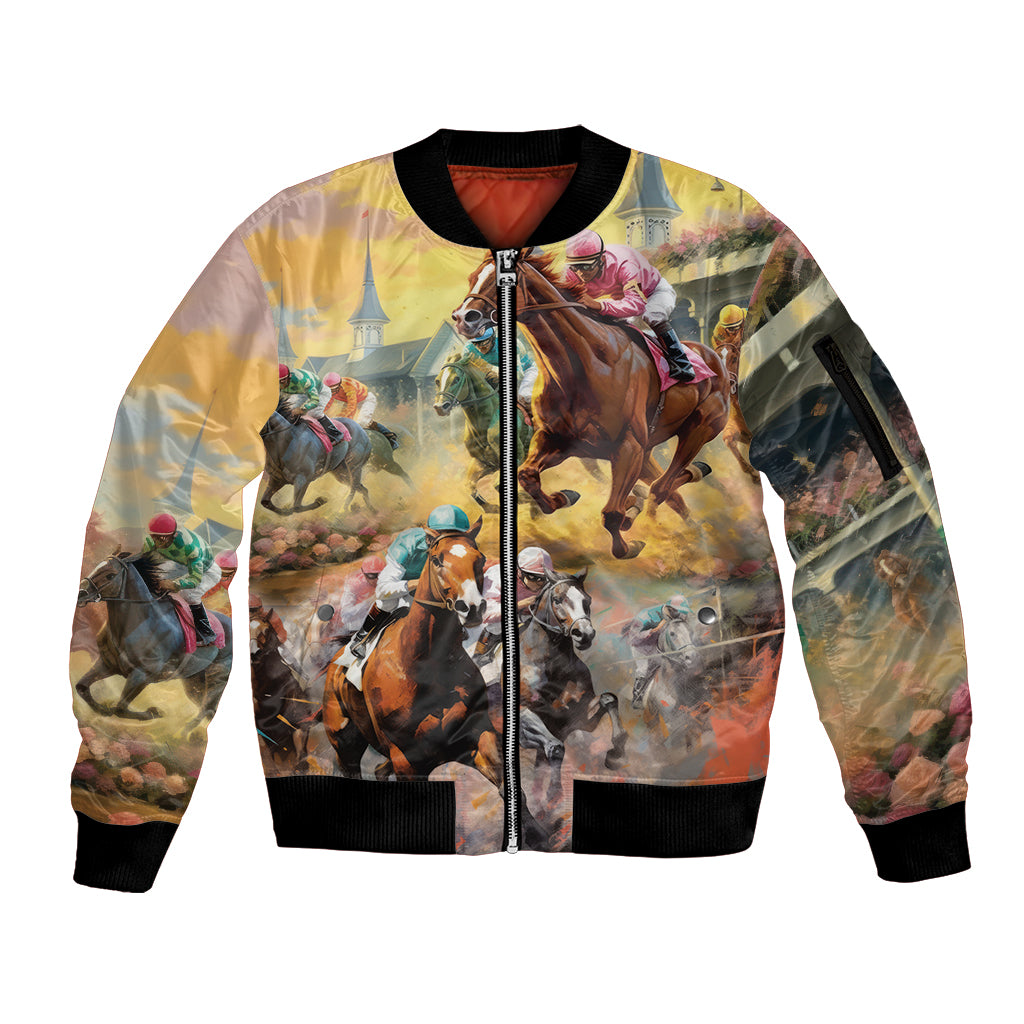 Kentucky Horses Racing Watercolor Sleeve Zip Bomber Jacket - Wonder Print Shop