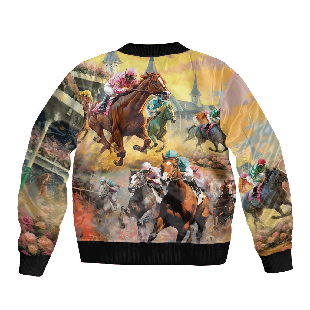 Kentucky Horses Racing Watercolor Sleeve Zip Bomber Jacket - Wonder Print Shop
