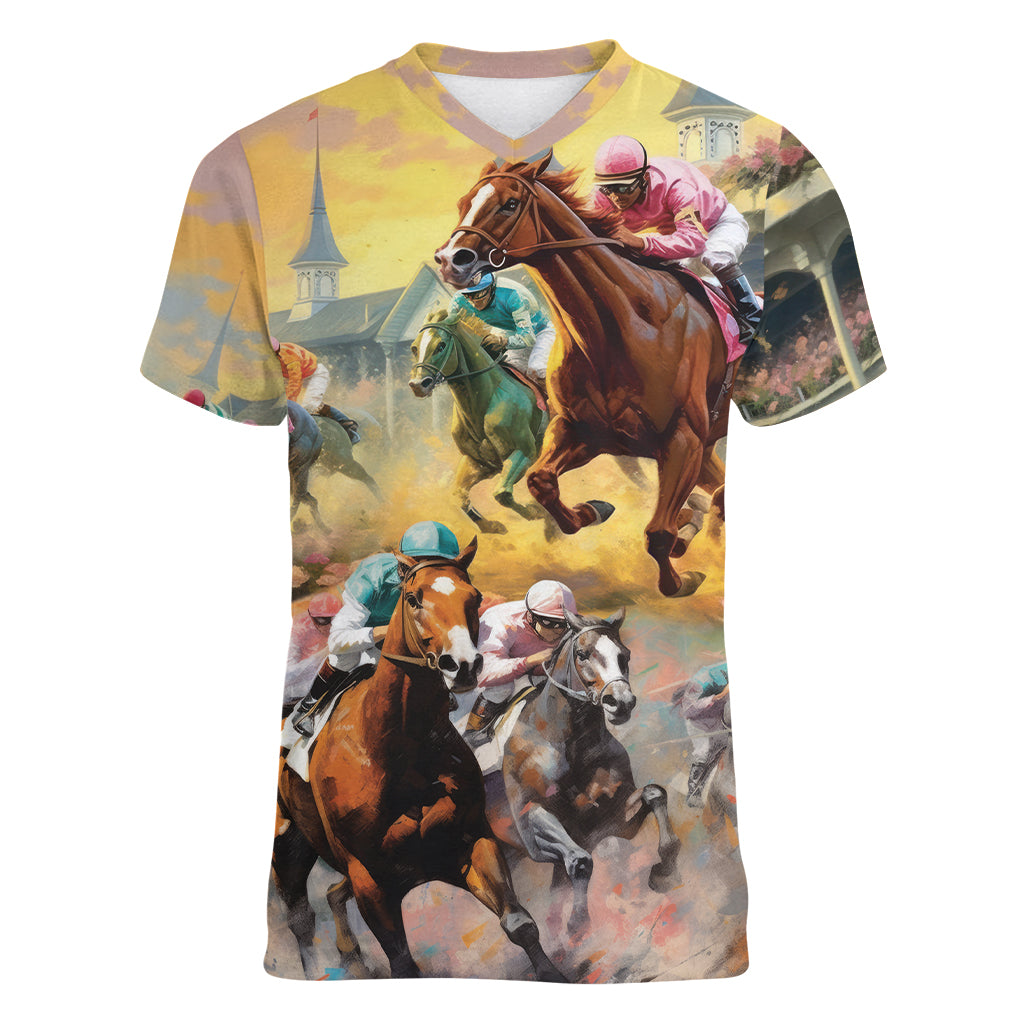 Kentucky Horses Racing Watercolor Women V-Neck T-Shirt - Wonder Print Shop