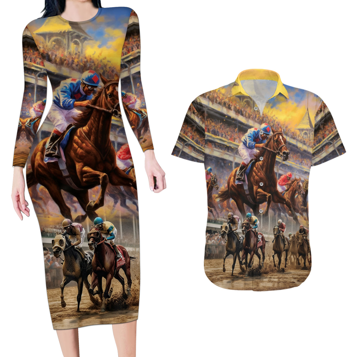 Kentucky Hosts Horse Races Watercolor Couples Matching Long Sleeve Bodycon Dress and Hawaiian Shirt - Wonder Print Shop