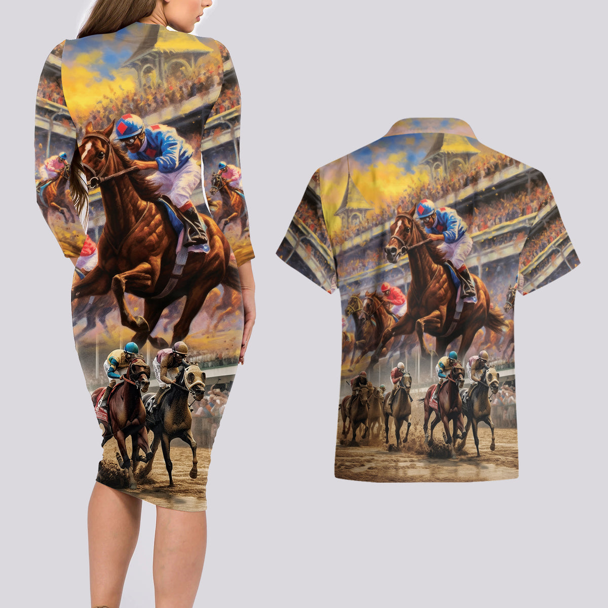 Kentucky Hosts Horse Races Watercolor Couples Matching Long Sleeve Bodycon Dress and Hawaiian Shirt - Wonder Print Shop