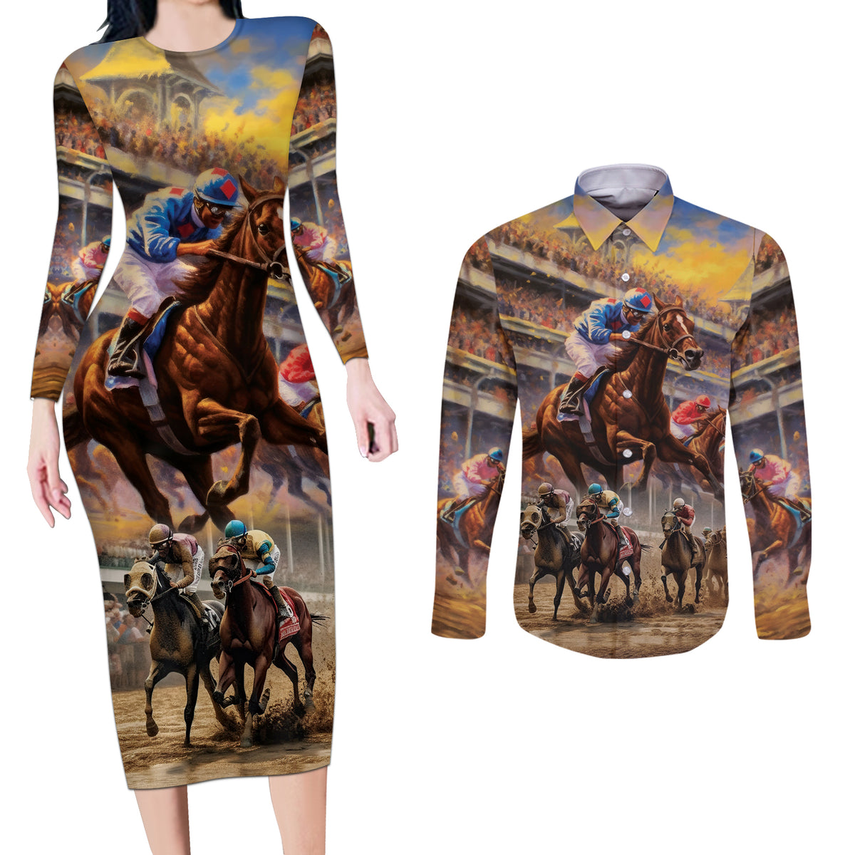 Kentucky Hosts Horse Races Watercolor Couples Matching Long Sleeve Bodycon Dress and Long Sleeve Button Shirt - Wonder Print Shop