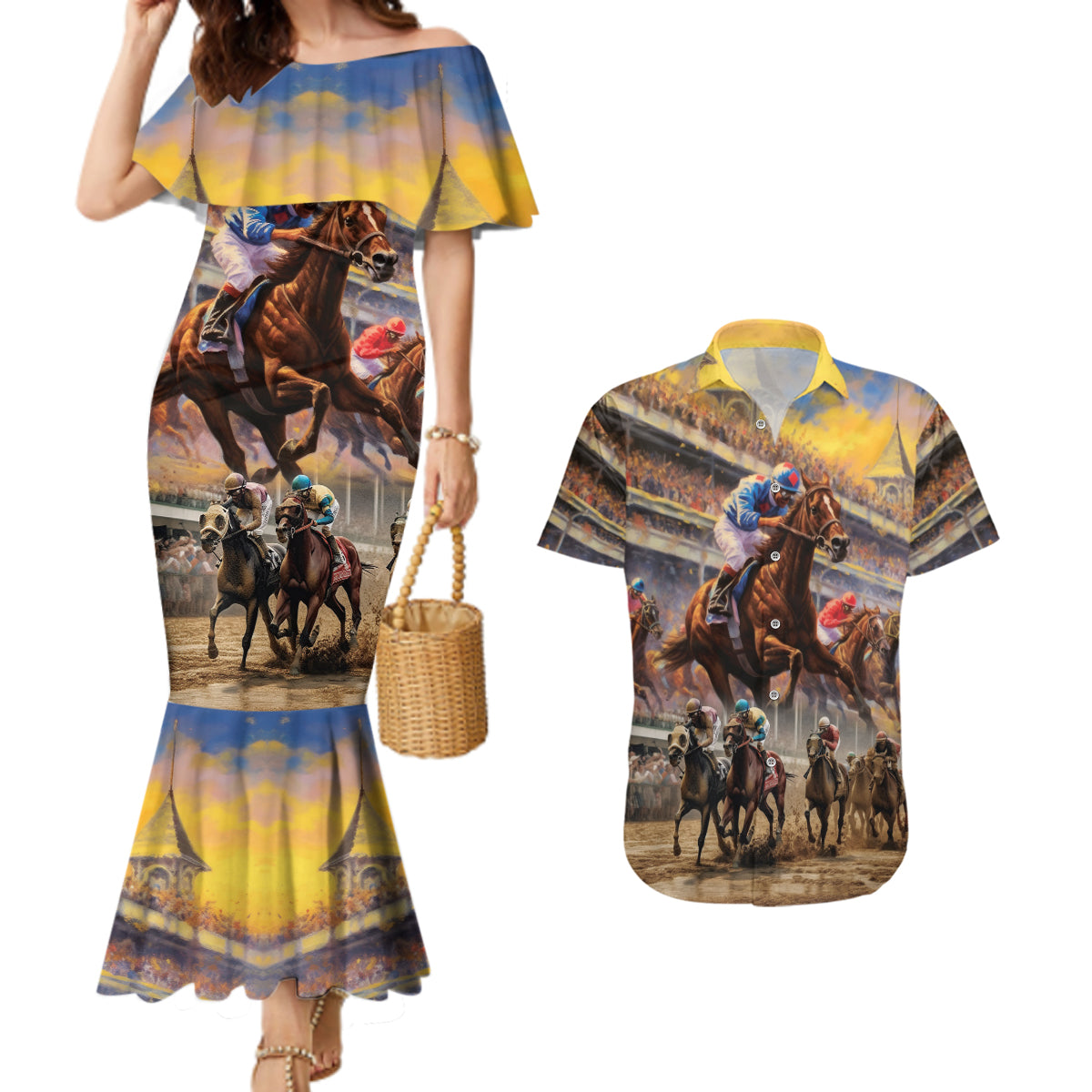 Kentucky Hosts Horse Races Watercolor Couples Matching Mermaid Dress and Hawaiian Shirt - Wonder Print Shop