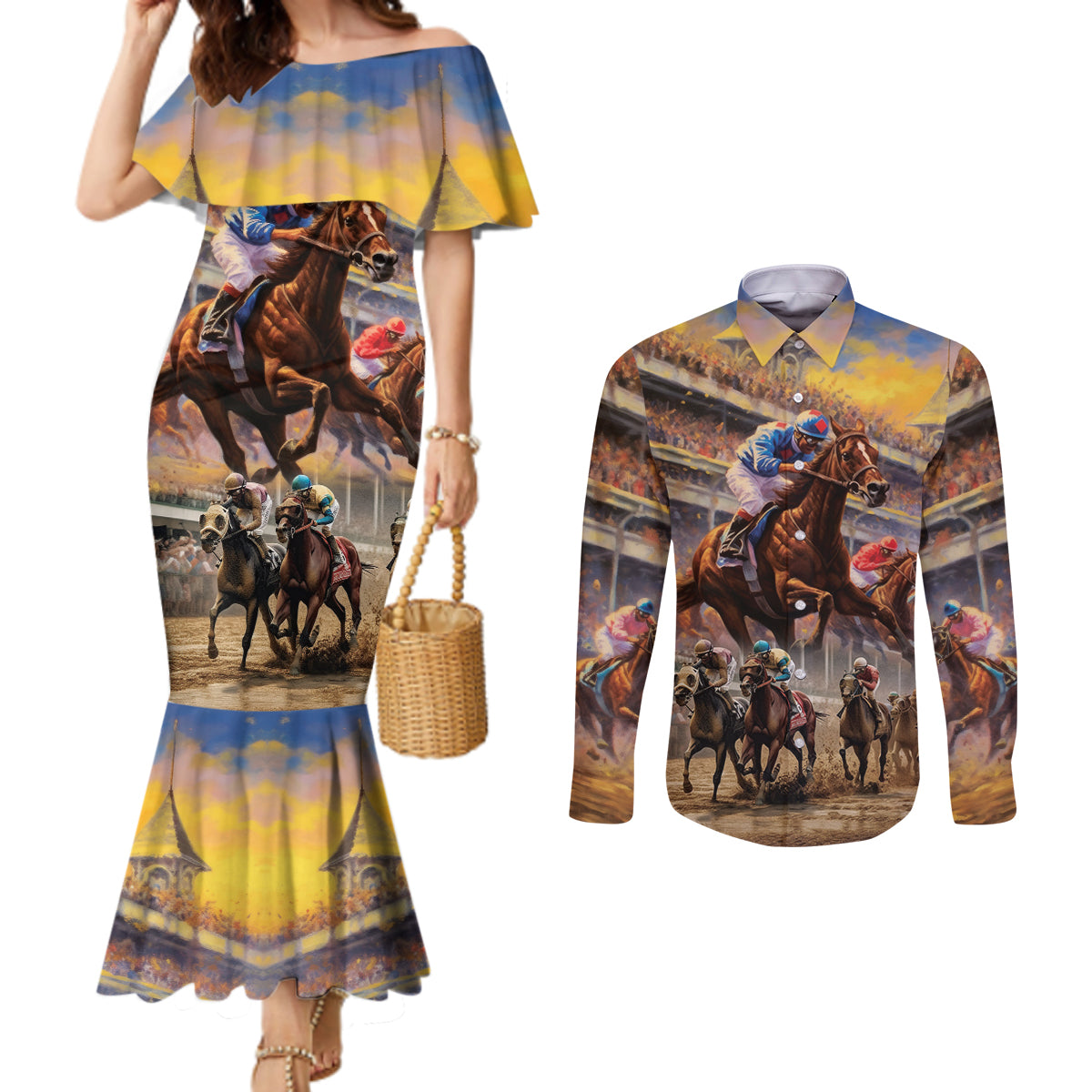 Kentucky Hosts Horse Races Watercolor Couples Matching Mermaid Dress and Long Sleeve Button Shirt