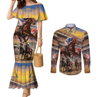 Kentucky Hosts Horse Races Watercolor Couples Matching Mermaid Dress and Long Sleeve Button Shirt
