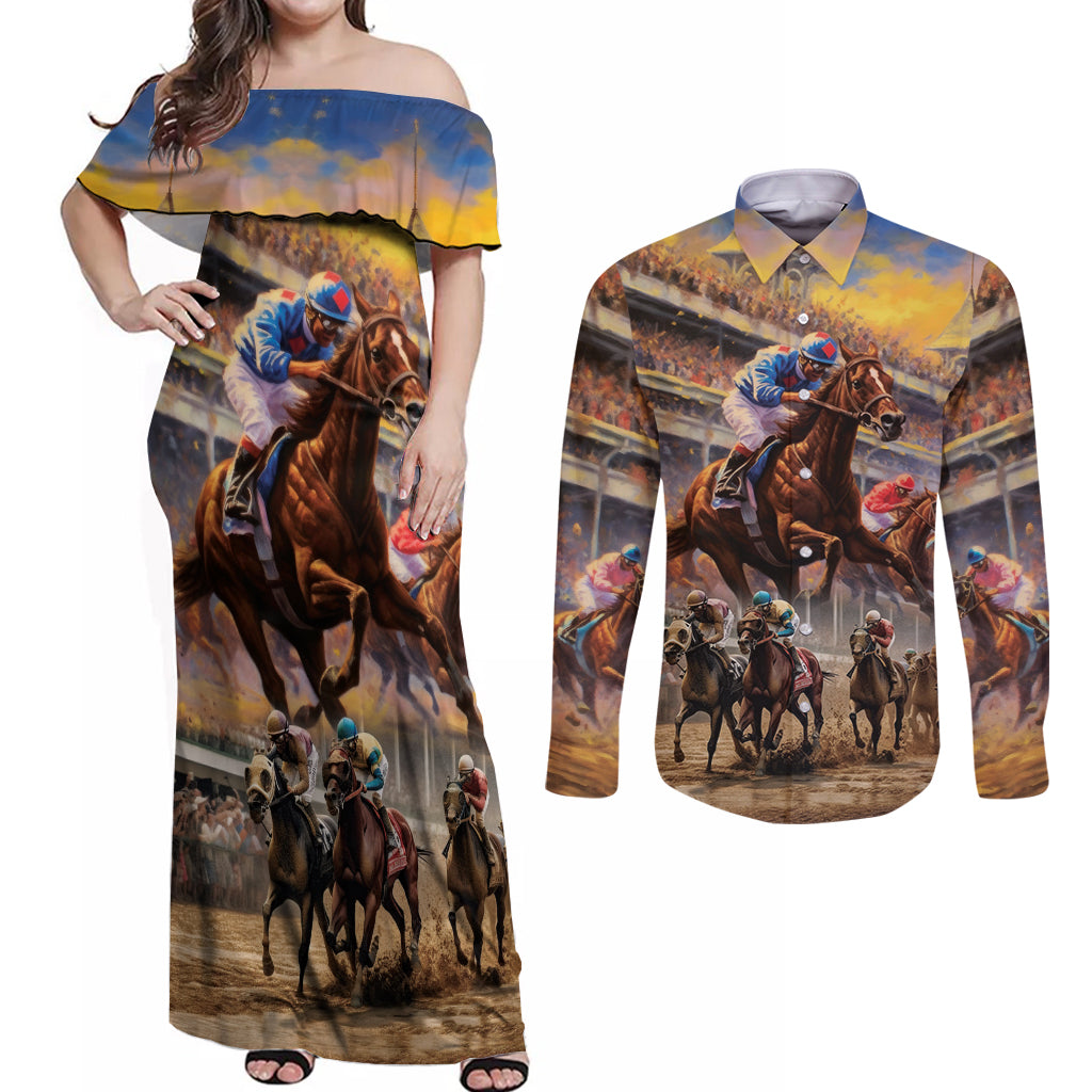 Kentucky Hosts Horse Races Watercolor Couples Matching Off Shoulder Maxi Dress and Long Sleeve Button Shirt - Wonder Print Shop