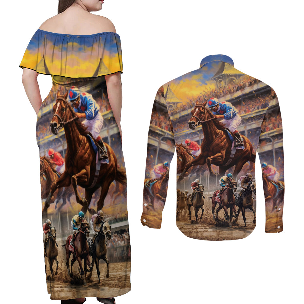 Kentucky Hosts Horse Races Watercolor Couples Matching Off Shoulder Maxi Dress and Long Sleeve Button Shirt - Wonder Print Shop
